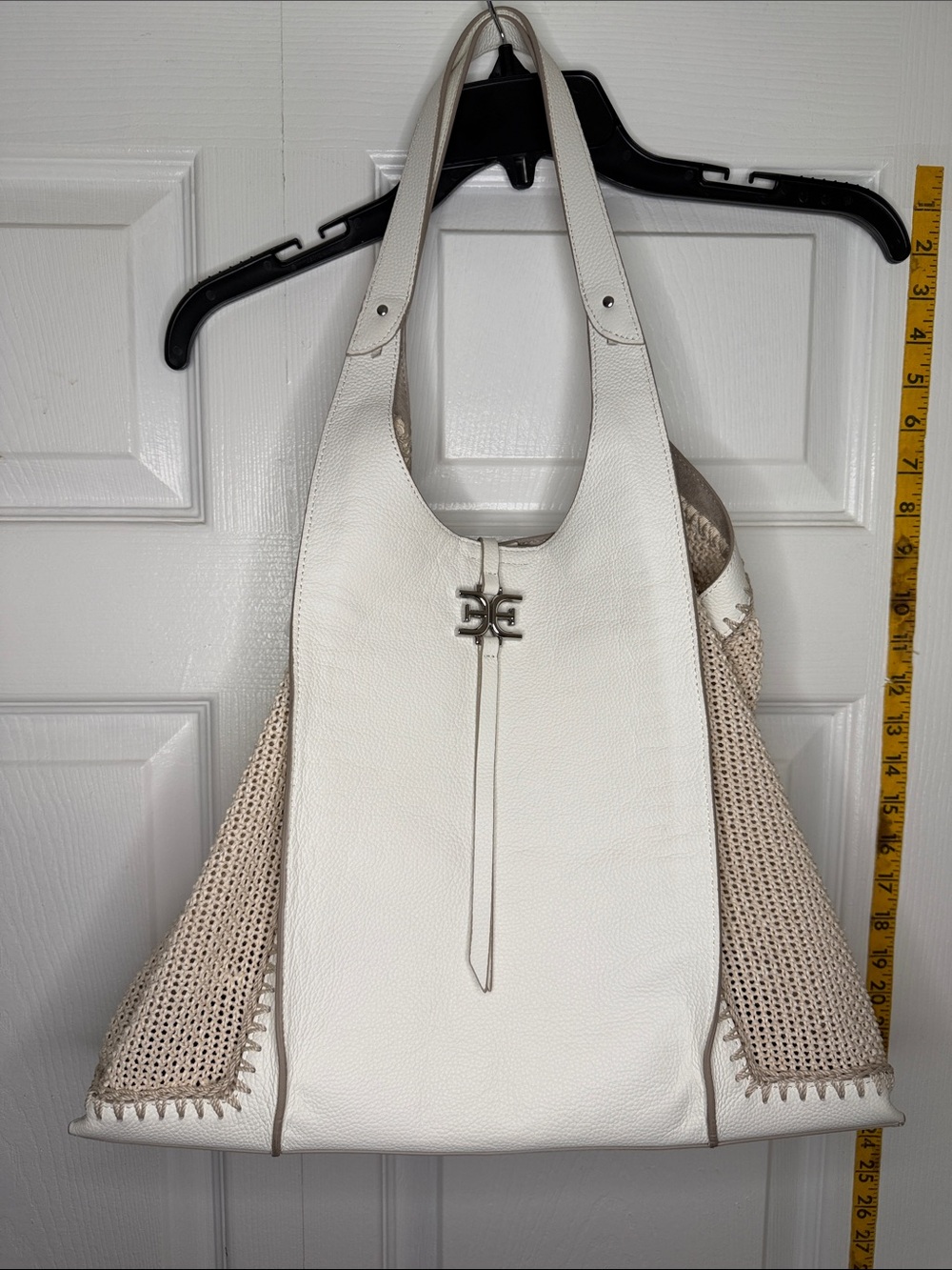 Sam Edelman White Leather & Beige Woven Shoulder Bag
